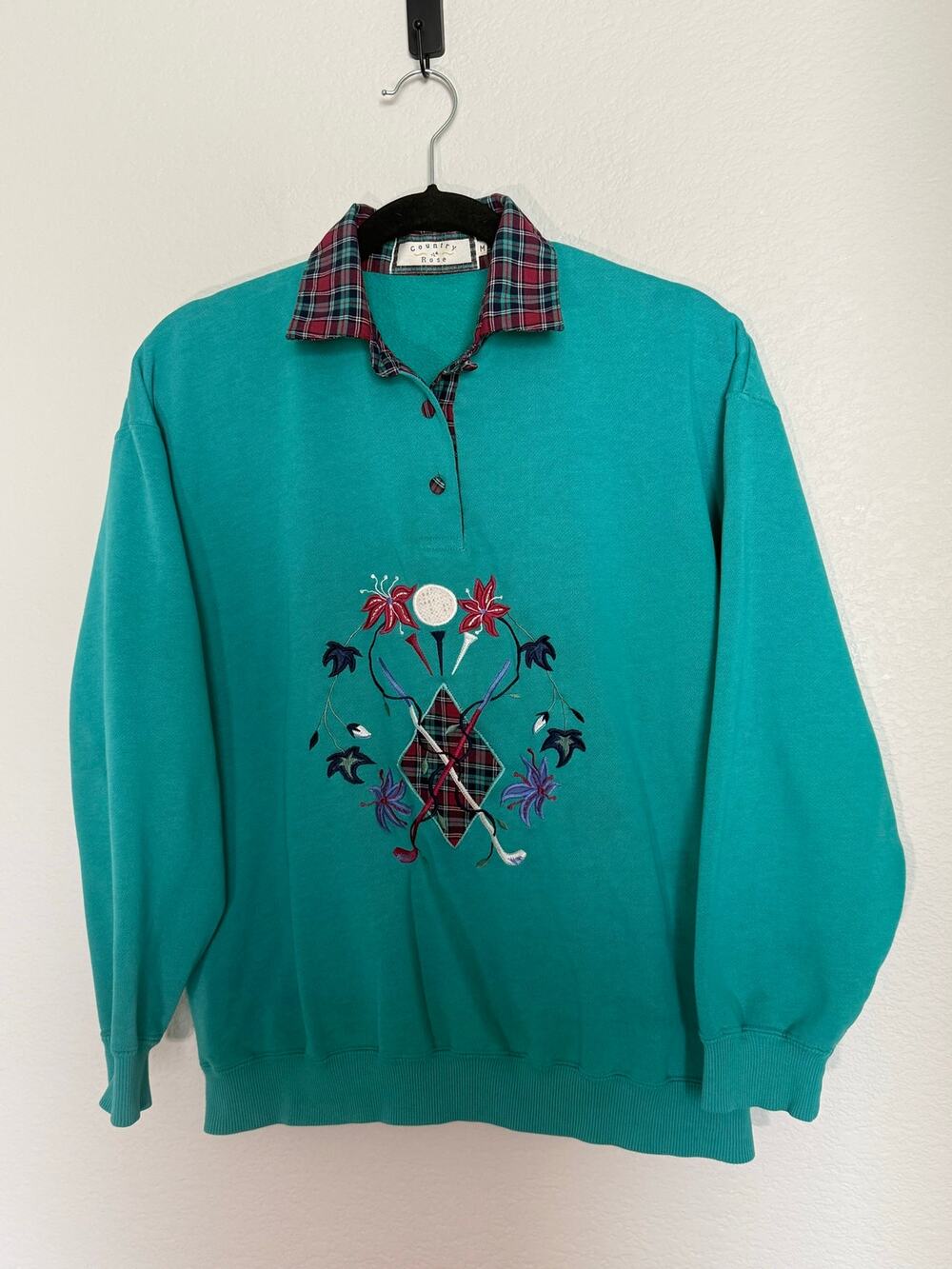 Vintage Country Rose Golf Sweatshirt Teal Plaid Collar Embroidered Pullover 90s